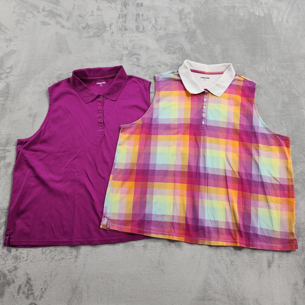 Lands' End Shirt Womens 3X Multicolor Plaid Purple Lot 2 Sleeveless Polo Casual